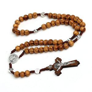 10MM Wood Rosary Cross Necklace