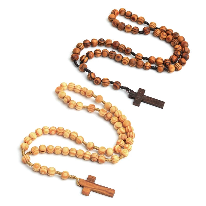 Wooden Grain Rosary Necklace