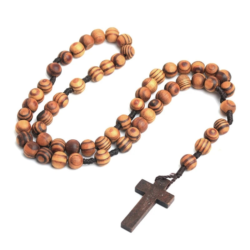 Wooden Grain Rosary Necklace