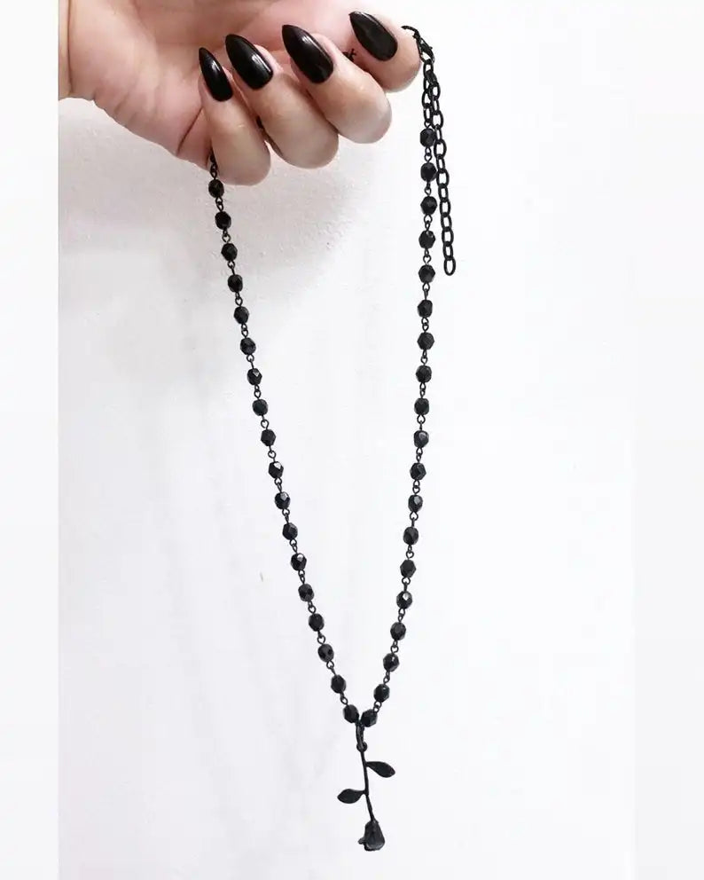 Black Rose Necklace Beaded Rosary