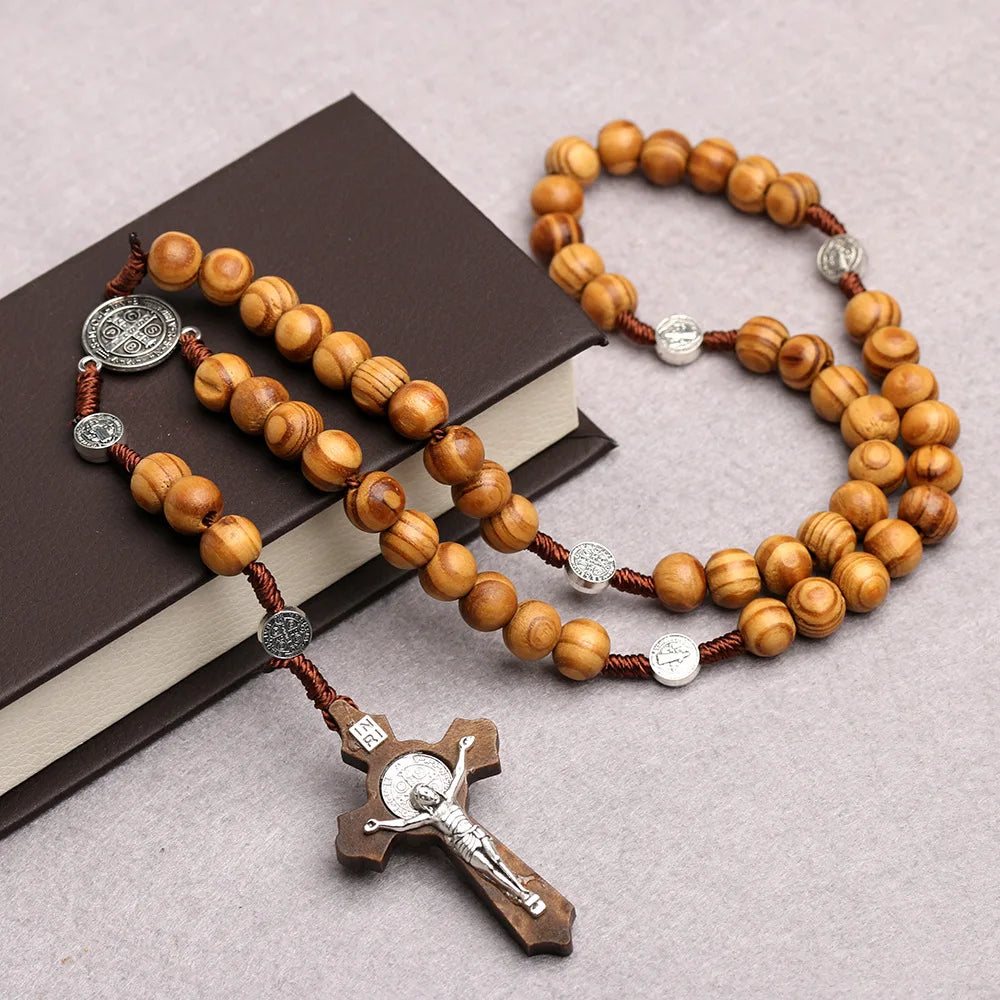 10MM Wood Rosary Cross Necklace