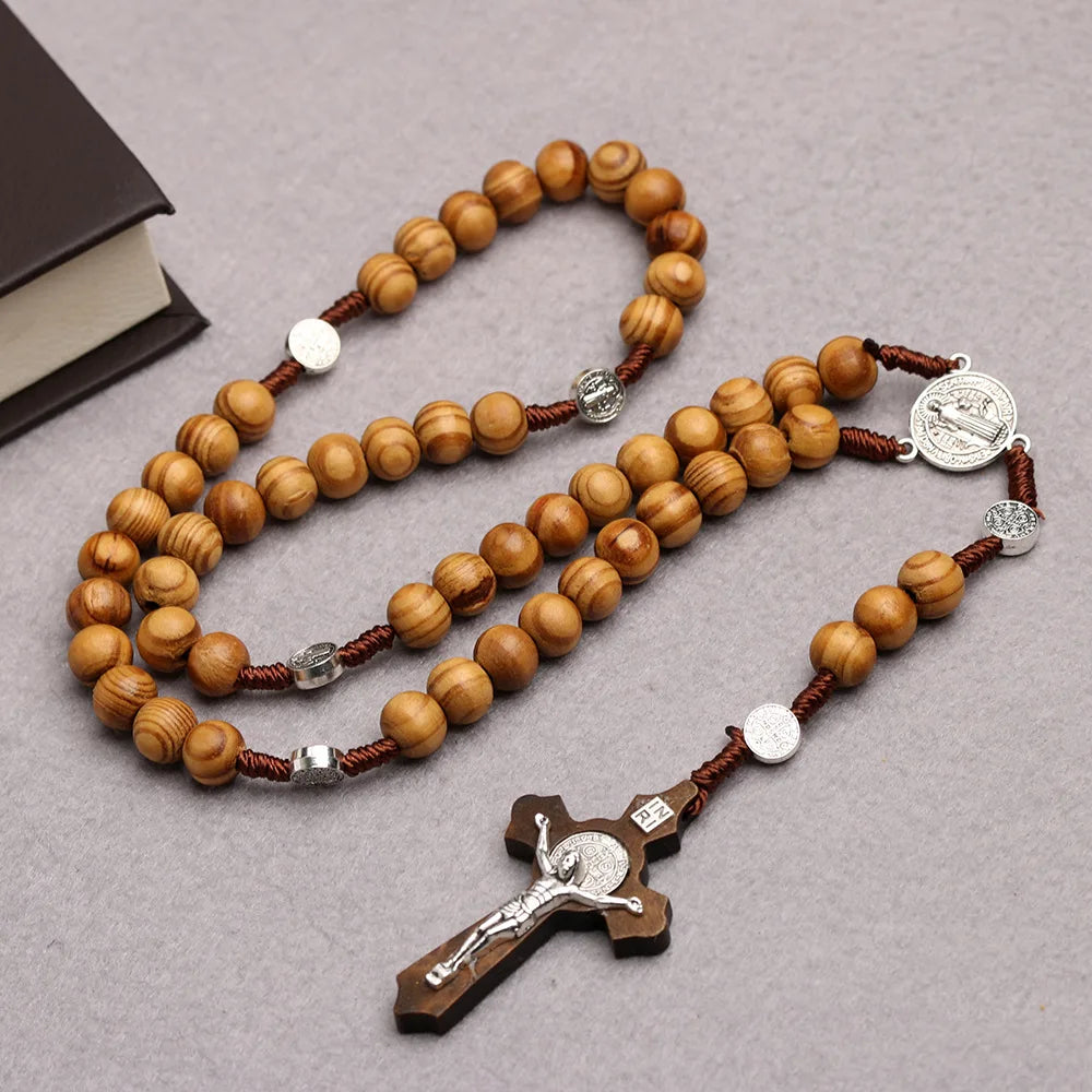 10MM Wood Rosary Cross Necklace