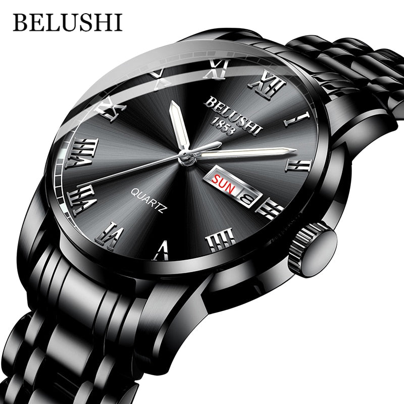 BELUSHI Top Brand Watch Men Stainless Steel Business Date Clock